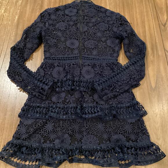 SELF PORTRAIT navy Ava Guipure Lace cut tiered long sleeve Mini Dress size 6 - Picture 5 of 12